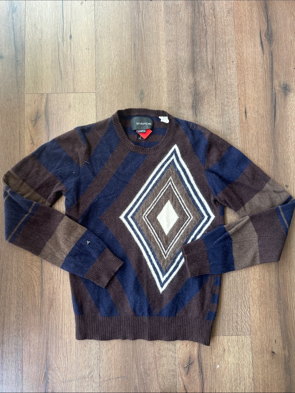 Energie Wool Vintage Navy & Cream Diamond-Pattern Crewneck Sweater ! Medium
